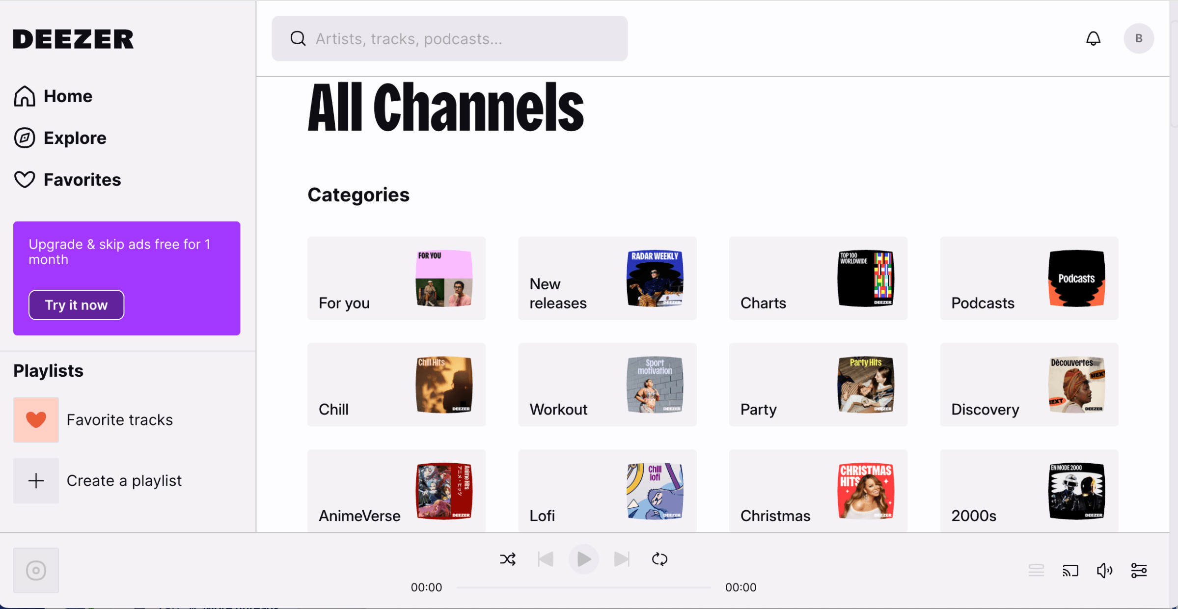 Deezer front page showing menu at left, and a listing of various categories in center under heading All Channels.